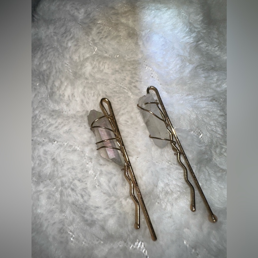 Clear Quartz w/ Rainbow Aura Wire Wrapped Hairpin Set Handmade Craft Bohemian - Picture 3 of 6